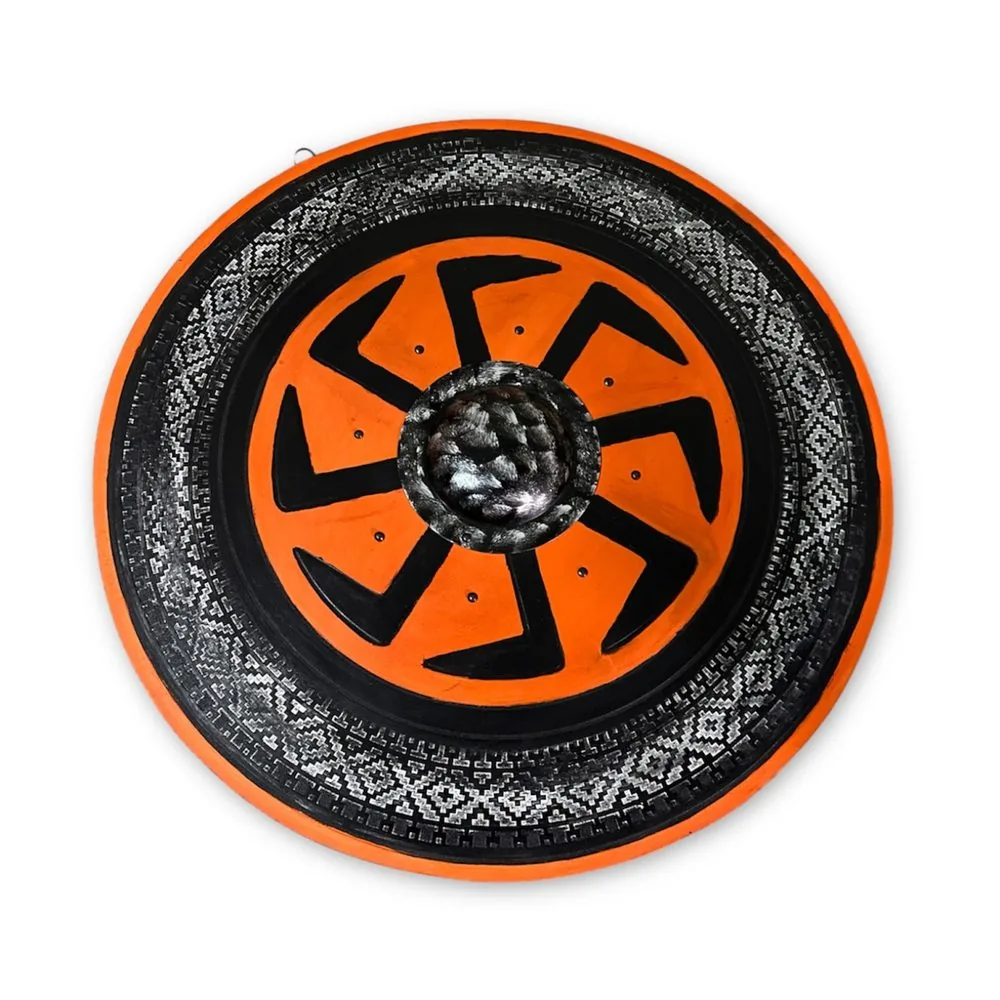 Slavic Orange Kolovrat Sun-Wheel Wooden Shield - Replica Shield DS-24-005
