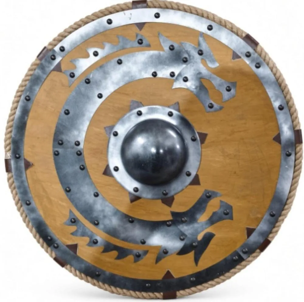 Twin Steel Dragons Rope-Rimmed Wooden Shield - Replica Shield DS-24-006