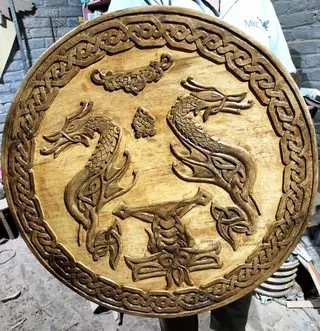 High-Relief Carved Twin Dragons Wooden Shield - Replica Shield VS-24-009