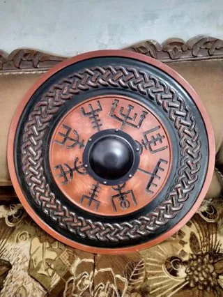 Copper Bind-Runes Carved Wooden Shield - Replica Shield VS-24-012